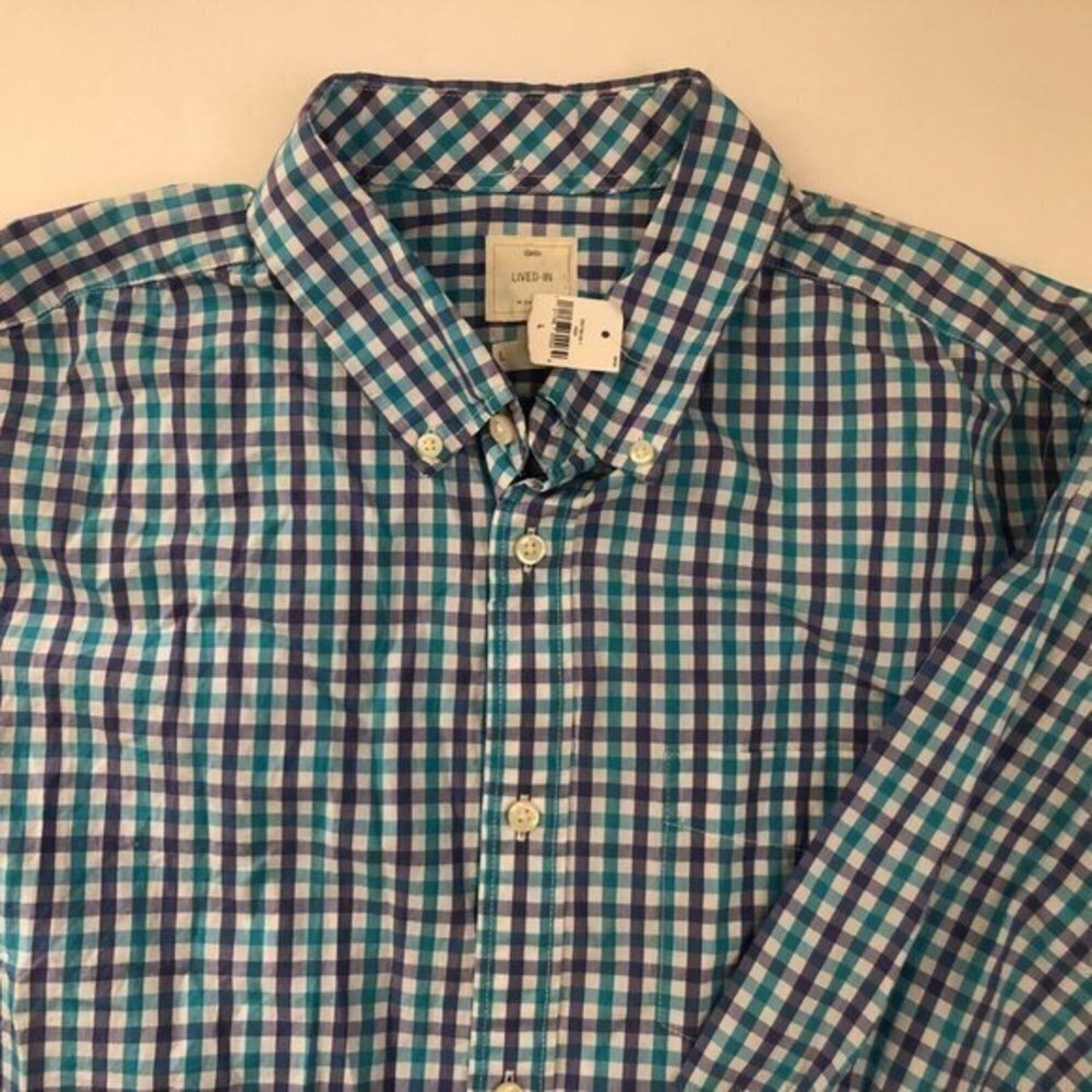 Gap Mens Shirt Large Slim Fit Cotton Blue Gingham - Picture 6 of 14